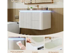 Móvel de lavatório suspenso com cuba única em cerâmica - 80,5 x 47 x 51 cm - acabamento lacado - com LEDs + 3 gavetas - cerâmica + MDF - branco