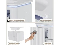 Móvel de lavatório suspenso com cuba única em cerâmica - 80,5 x 47 x 51 cm - acabamento lacado - com LEDs + 3 gavetas - cerâmica + MDF - branco