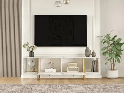 Móvel de TV 2 portas e 2 prateleiras - Efeito mármore branco e dourado - DERANA