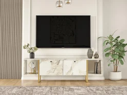 Móvel de TV 2 portas e 2 prateleiras - Efeito mármore branco e dourado - DERANA