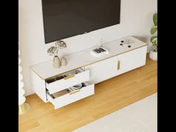 Móvel de TV baixo branco com duas gavetas e portas, para sala de estar, quarto, branco, 175x40x45cm