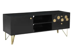 Móvel de TV com 1 porta, 2 gavetas e 2 nichos madeira de mangueira preto e dourado BELORI