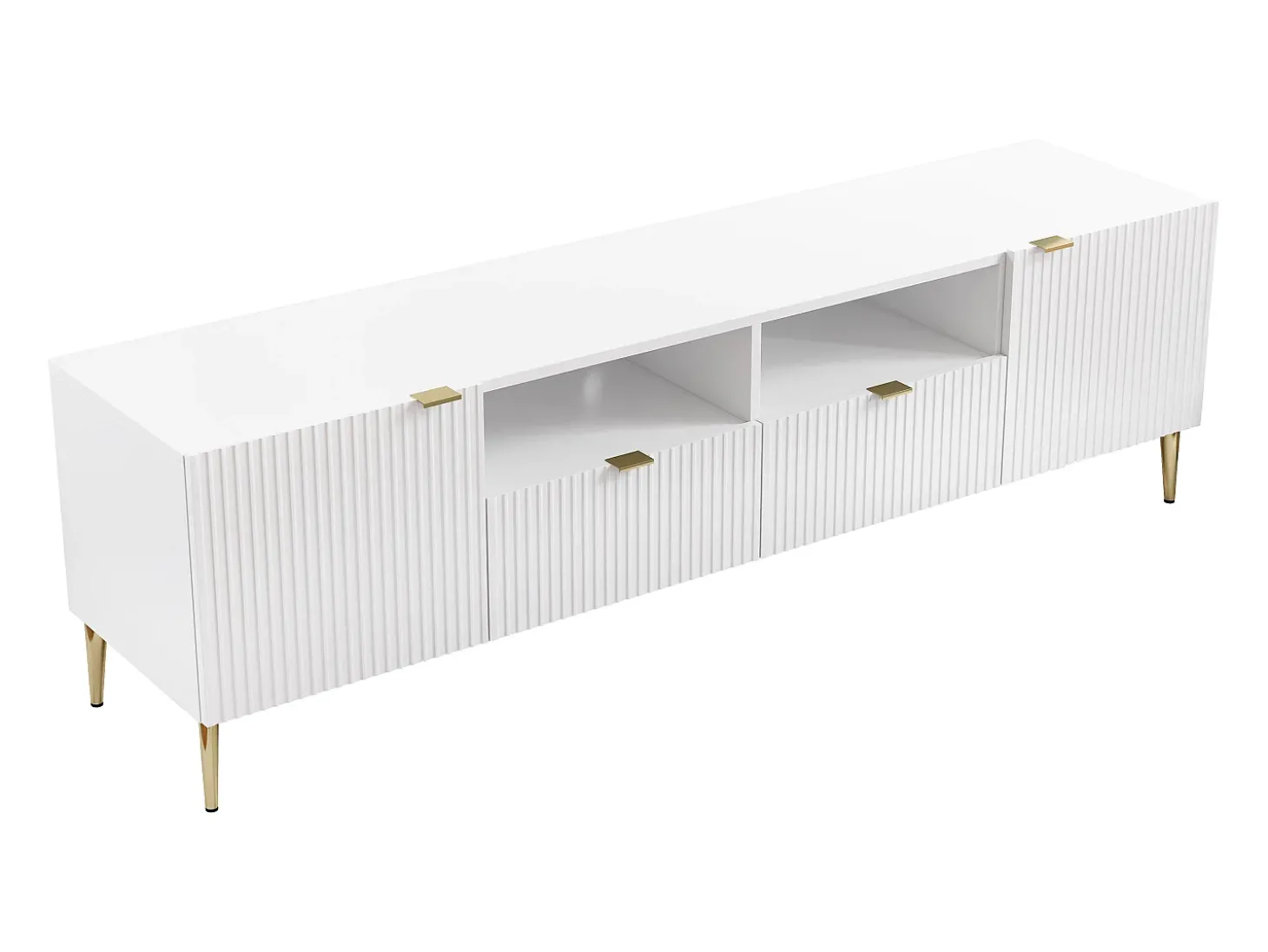 Móvel de TV com 2 portas, 2 gavetas e 2 nichos em MDF e aço branco e dourado YESINIA