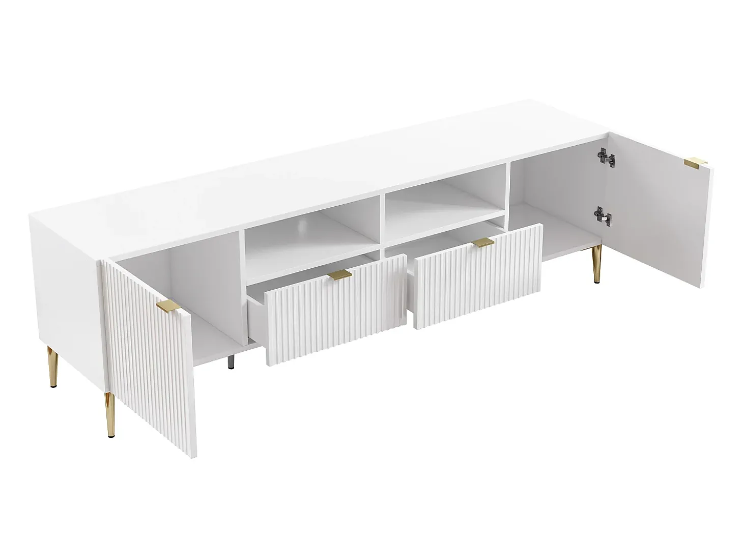Móvel de TV com 2 portas, 2 gavetas e 2 nichos em MDF e aço branco e dourado YESINIA