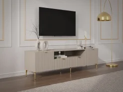 Móvel de TV com 2 portas, 2 gavetas e 2 nichos MDF e aço bege e dourado - YESINIA