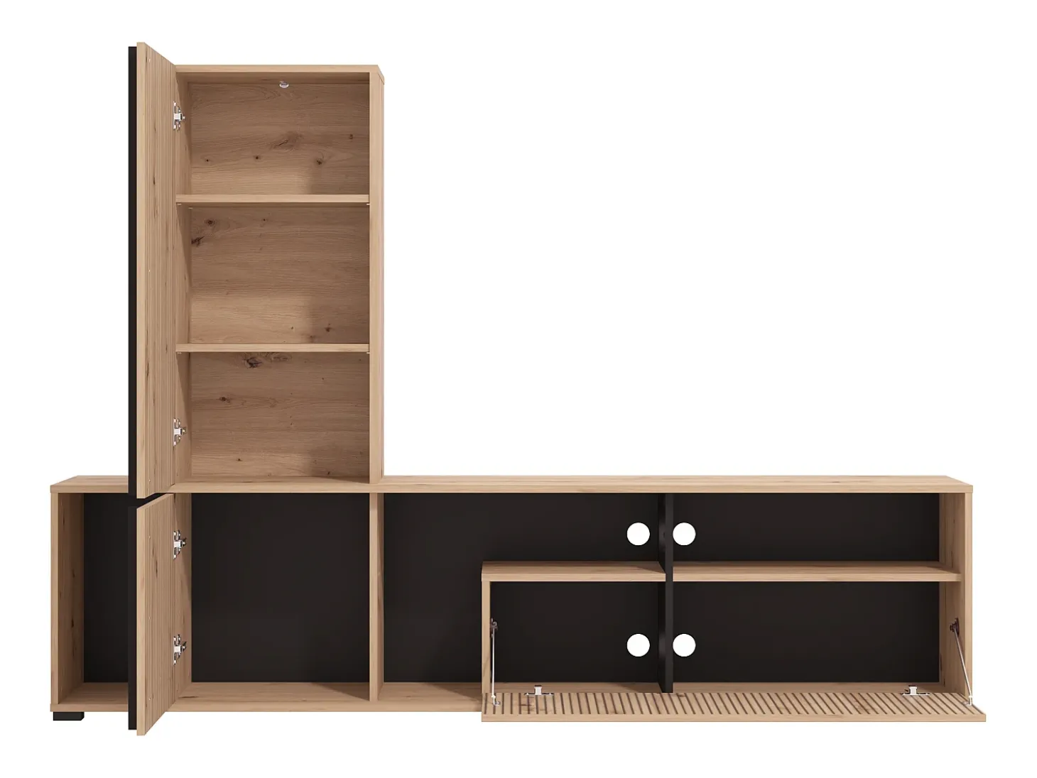 Móvel de TV com 3 portas e 3 nichos natural claro e preto - BELUTZY