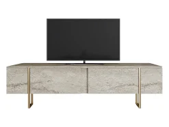 Móvel de TV com 2 portas efeito travertino bege e dourado - ZIRELDA