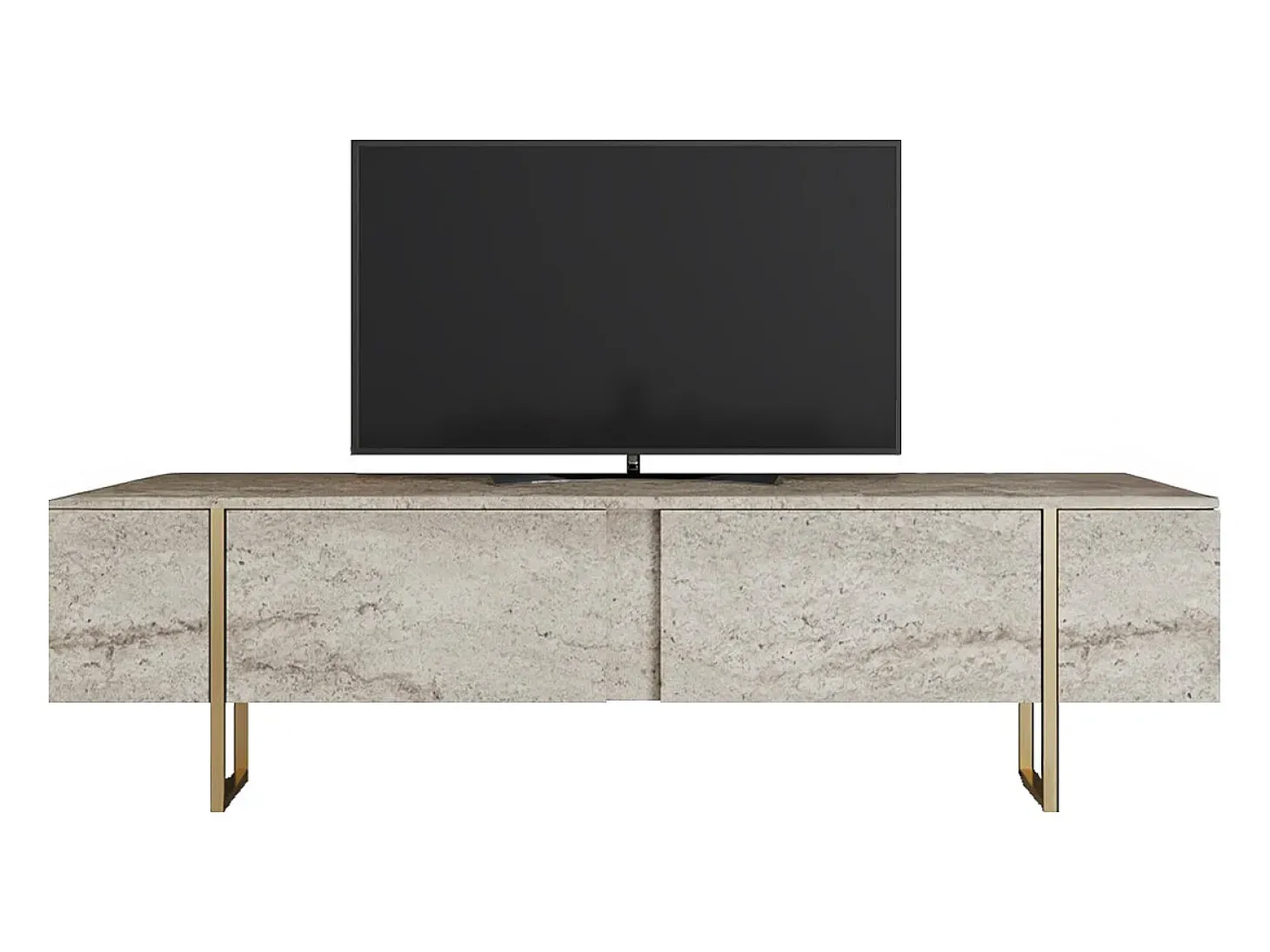 Móvel de TV com 2 portas efeito travertino bege e dourado - ZIRELDA
