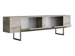 Móvel de TV com 2 portas efeito travertino bege e dourado - ZIRELDA
