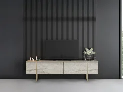 Móvel de TV com 2 portas efeito travertino bege e dourado - ZIRELDA