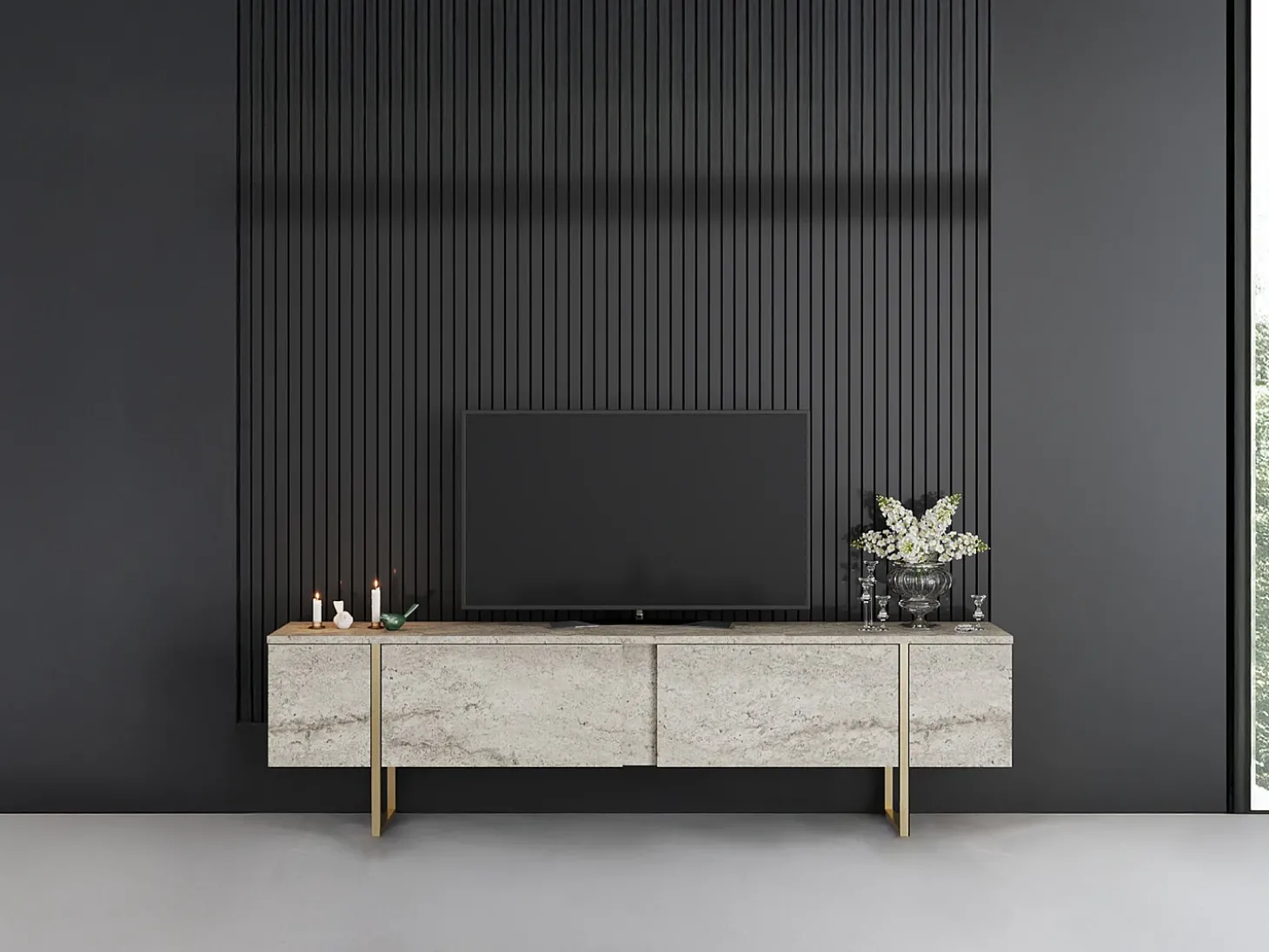 Móvel de TV com 2 portas efeito travertino bege e dourado - ZIRELDA