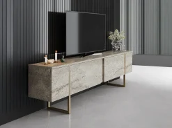 Móvel de TV com 2 portas efeito travertino bege e dourado - ZIRELDA