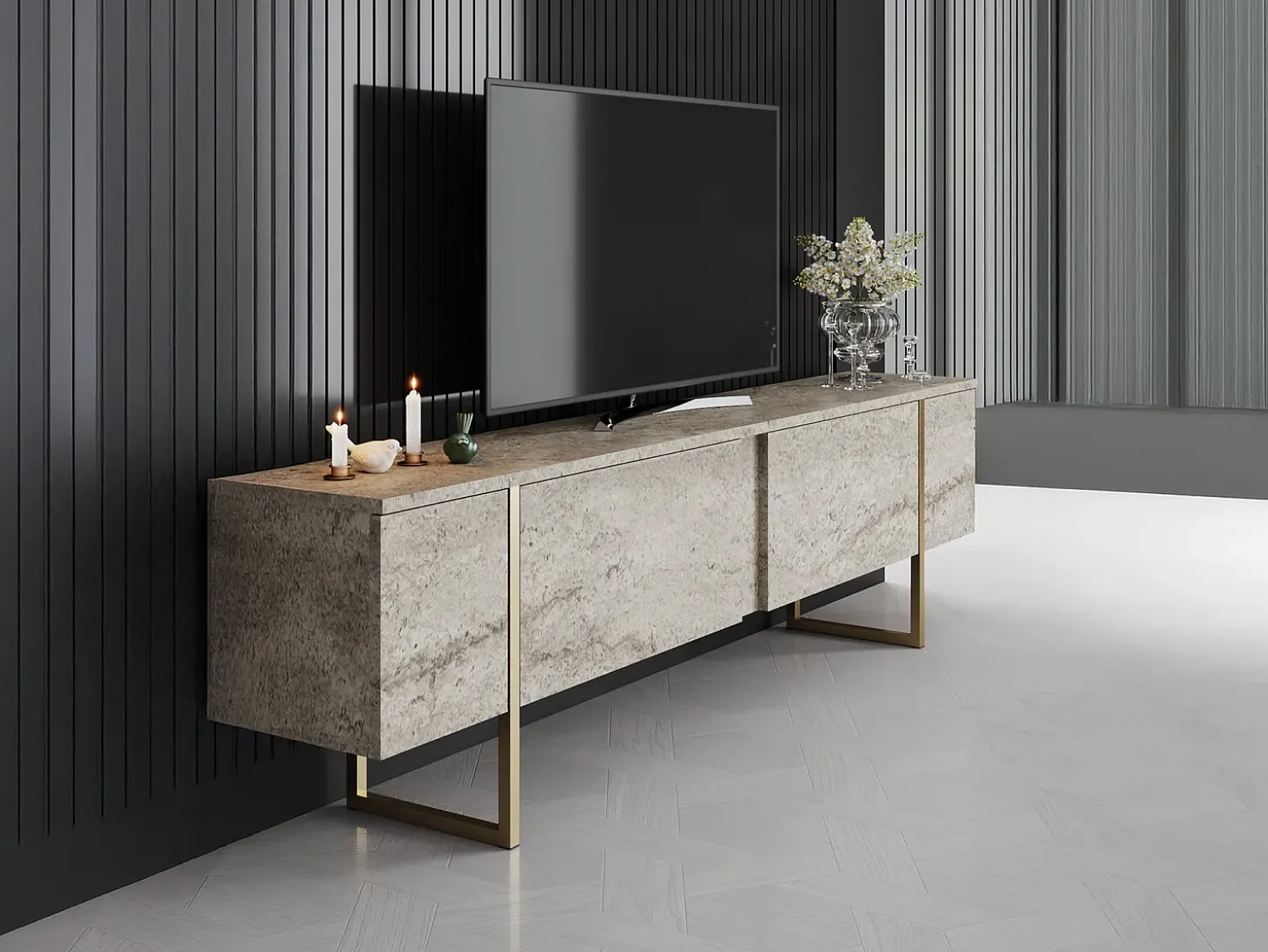 Móvel de TV com 2 portas efeito travertino bege e dourado - ZIRELDA