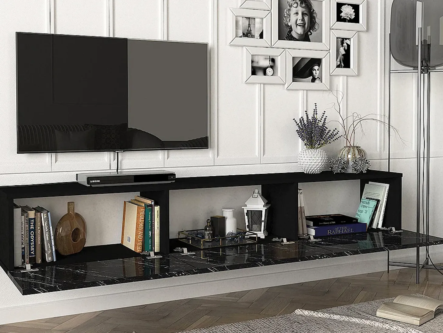 Móvel de TV de parede com 3 portas - Cor: Efeito mármore preto - VIKILA