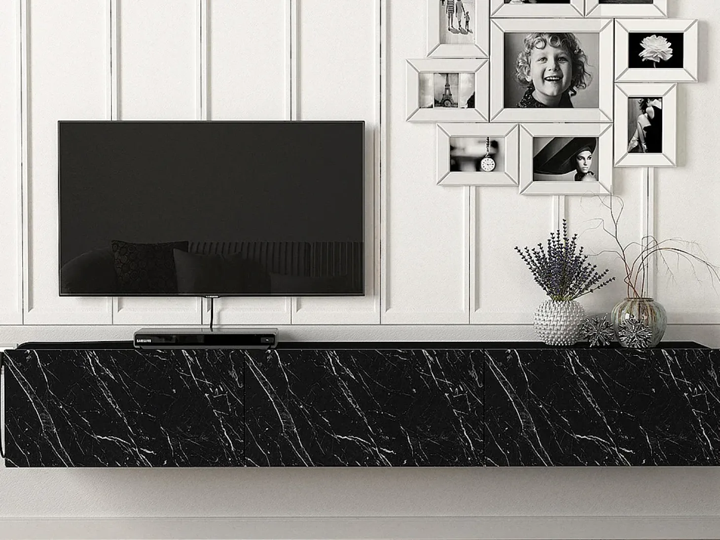 Móvel de TV de parede com 3 portas - Cor: Efeito mármore preto - VIKILA