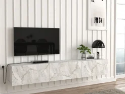 Móvel de TV de parede com 3 portas - Efeito mármore branco - VIKILA