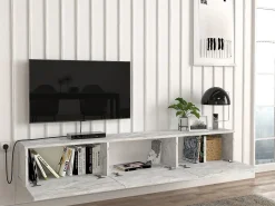 Móvel de TV de parede com 3 portas - Efeito mármore branco - VIKILA