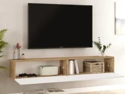 Móvel de TV de parede com 2 portas - Branco e natural - AUBEPINA