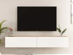 Móvel de TV de parede com 2 portas - Branco e natural - AUBEPINA