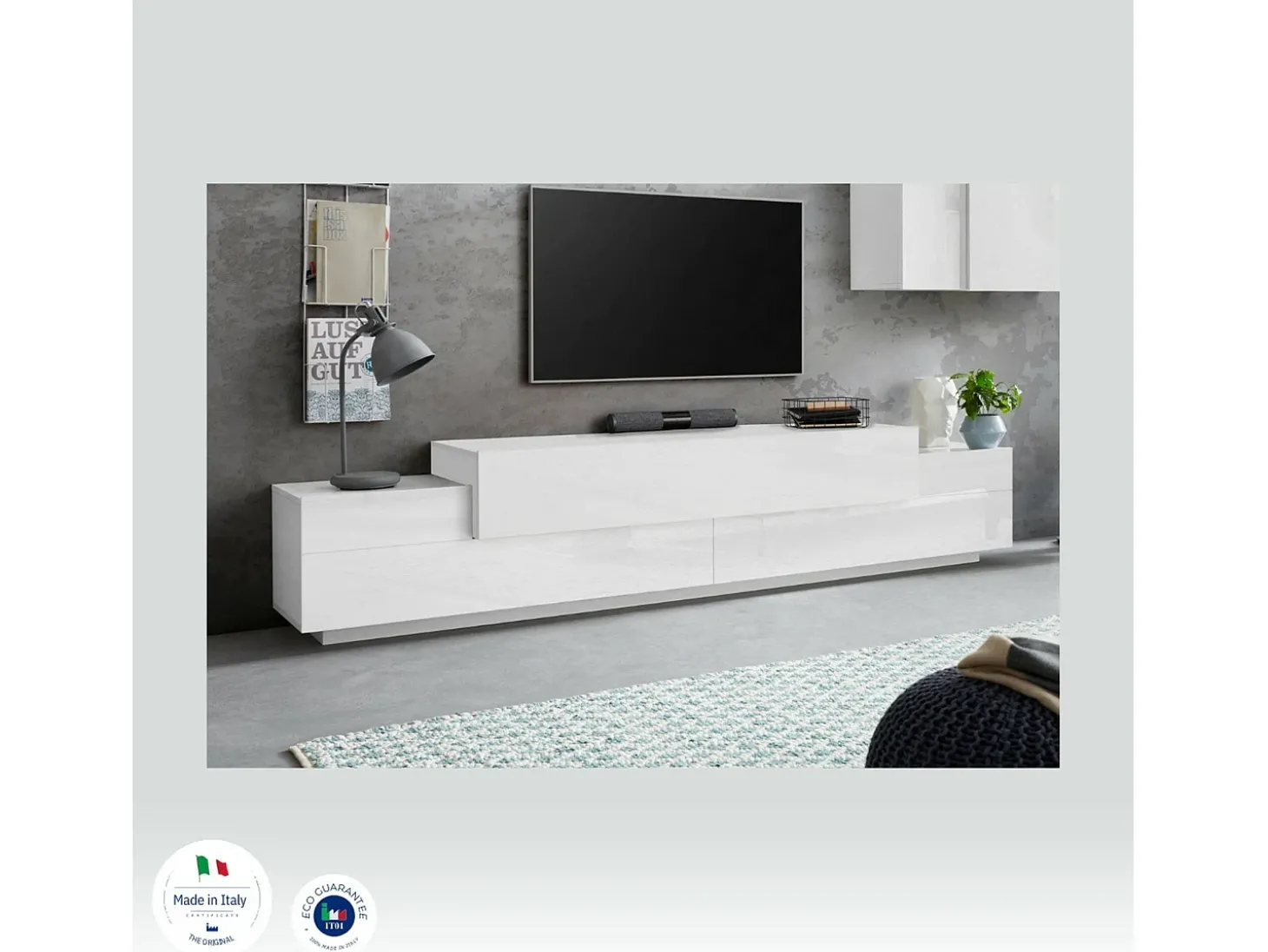 Móvel de TV Dlamann, Aparador baixo da sala, Base de móvel de TV, 100% Fabricado em Itália, 240x45h52 cm, Branco brilhante