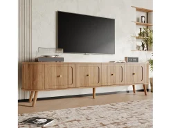 Móvel de TV moderno - 180 x 38 x 47 cm - com 4 portas + pés de madeira - design exclusivo - MDF + aglomerado - cor natural