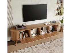 Móvel de TV moderno - 180 x 38 x 47 cm - com 4 portas + pés de madeira - design exclusivo - MDF + aglomerado - cor natural