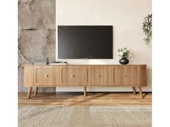 Móvel de TV moderno - 180 x 38 x 47 cm - com 4 portas + pés de madeira - design exclusivo - MDF + aglomerado - cor natural