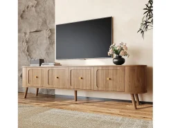 Móvel de TV moderno - 180 x 38 x 47 cm - com 4 portas + pés de madeira - design exclusivo - MDF + aglomerado - cor natural