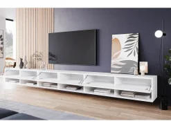 Móvel de TV moderno 300 cm – sem puxadores, corpo branco mate, frentes branco brilho, de chão ou suspenso