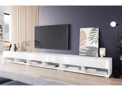 Móvel de TV moderno 300 cm – sem puxadores, corpo branco mate, frentes branco brilho, de chão ou suspenso