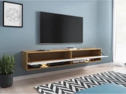 Móvel de TV moderno 180 cm – sem puxadores, corpo carvalho Wotan, frentes branco brilho, de chão ou suspenso