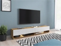 Móvel de TV moderno 180 cm – sem puxadores, corpo carvalho Wotan, frentes branco brilho, de chão ou suspenso