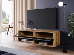 Móvel de TV moderno 100 cm – sem puxadores, corpo carvalho wotan, frentes preto brilho, de chão ou suspenso