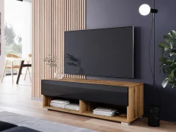 Móvel de TV moderno 100 cm – sem puxadores, corpo carvalho wotan, frentes preto brilho, de chão ou suspenso