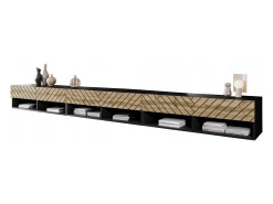 Móvel de TV moderno 300 cm com LED – corpo preto mate frentes MDF carvalho Wotan espinha de peixe suspenso ou de chão