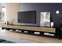 Móvel de TV moderno 300 cm com LED – corpo preto mate frentes MDF carvalho Wotan espinha de peixe suspenso ou de chão
