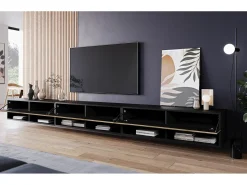 Móvel de TV moderno 300 cm com LED – corpo preto mate frentes MDF carvalho Wotan espinha de peixe suspenso ou de chão