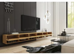 Móvel de TV moderno 300 cm com LED – sem puxadores, carvalho wotan, suspenso ou de pé