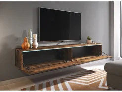 Móvel de TV moderno 180 cm para sala – 2 portas, sem puxadores, acabamento mate, de chão ou suspenso, estilo vintage