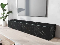 Móvel de TV moderno 180 cm para sala com LED – 2 portas, sem puxadores, mármore fosco, de chão ou suspenso
