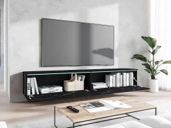 Móvel de TV moderno 180 cm para sala com LED – 2 portas, sem puxadores, mármore fosco, de chão ou suspenso