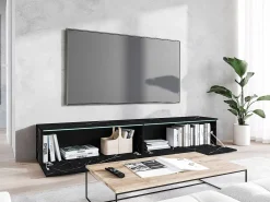 Móvel de TV moderno 180 cm para sala com LED – 2 portas, sem puxadores, mármore fosco, de chão ou suspenso
