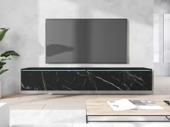 Móvel de TV moderno 180 cm para sala com LED – 2 portas, sem puxadores, mármore fosco, de chão ou suspenso