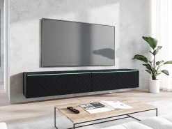Móvel de TV moderno 180 cm para sala – 2 portas sem puxadores, acabamento mate, de chão ou suspenso, frentes em MDF espinha de peixe preto mate