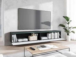 Móvel de TV moderno 180 cm para sala – 2 portas sem puxadores, acabamento mate, de chão ou suspenso, frentes em MDF espinha de peixe preto mate
