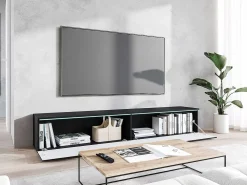 Móvel de TV moderno 180 cm para sala – 2 portas sem puxadores, acabamento mate, de chão ou suspenso, frentes em MDF espinha de peixe preto mate