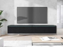Móvel de TV moderno 180 cm para sala – 2 portas sem puxadores, acabamento mate, de chão ou suspenso, frentes em MDF espinha de peixe preto mate