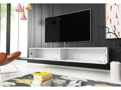Móvel de TV moderno 180 cm para sala – 2 portas, sem puxadores, mate + brilho, de chão ou suspenso, branco / branco brilho
