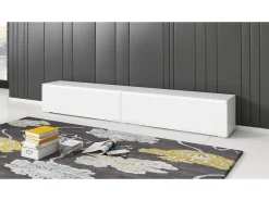 Móvel de TV moderno 180 cm para sala – 2 portas, sem puxadores, mate + brilho, de chão ou suspenso, branco / branco brilho