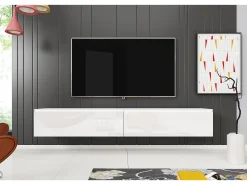 Móvel de TV moderno 180 cm para sala – 2 portas, sem puxadores, mate + brilho, de chão ou suspenso, branco / branco brilho